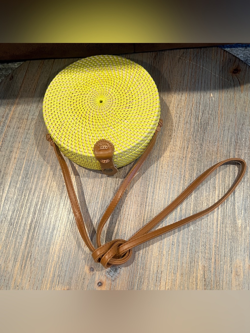 Boho Round Rattan Crossbody Bag Purse yellow Blue Bali Wicker Straw Beach/Summer - Picture 2 of 12